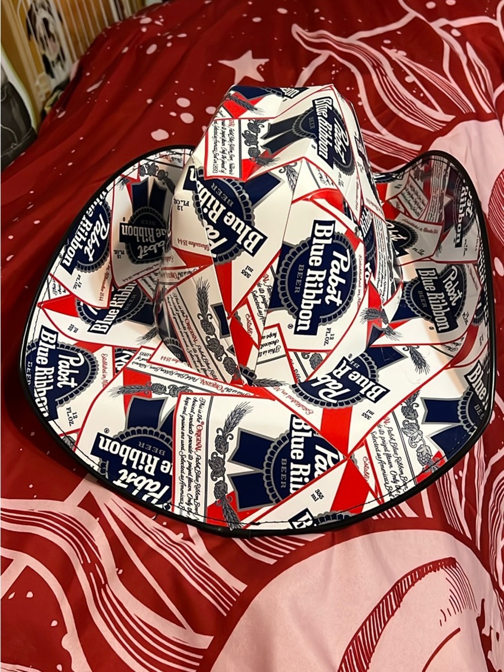 Pabst Blue Ribbon Pattern Cowboy Hat - White, Red & Blue